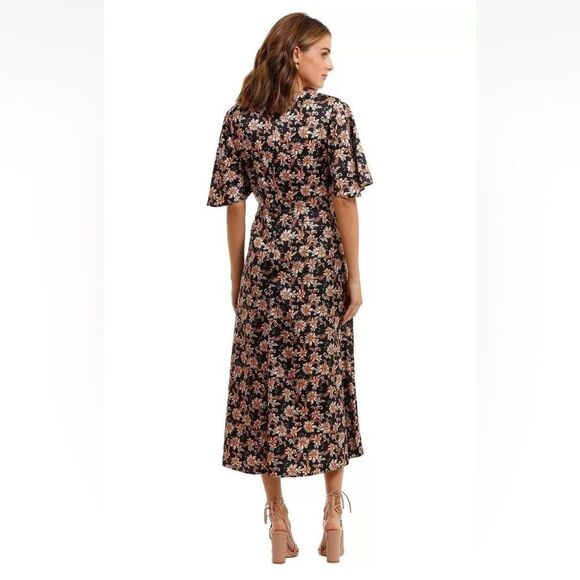 NEW ACLER Size 10 Tippet Midi Dress Flutter Sleeve Half Lined Floral Satin - Picture 3 of 16
